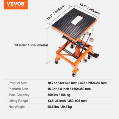 Plataforma Elevadora para Motocicletas 41,5 x 35 cm Elevador de Motos Hidráulicos de Tijera Capacidad de 200 kg Mesa Elevadora con 2 Ruedas Elevación de 340-905 mm para Taller Garaje, Naranja