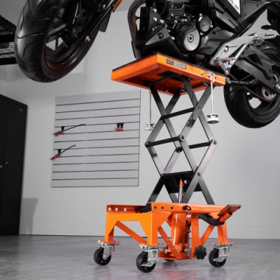 Plataforma Elevadora para Motocicletas 41,5 x 35 cm Elevador de Motos Hidráulicos de Tijera Capacidad de 200 kg Mesa Elevadora con 2 Ruedas Elevación de 340-905 mm para Taller Garaje, Naranja