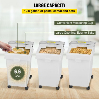 VEVOR Contenedor de Harina 15 kg, Contenedor de Arroz 3 piezas / juego con Tapas y Ruedas Blanco, Contenedor de Almacenamiento de Arroz de Alta Capacidad, Dispensador de Cereales, Arroz Dispensador