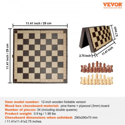 VEVOR Juego de ajedrez 29 cm tablero de ajedrez magnético plegable portátil de madera, 2 reinas adicionales, juego completo de tablero de ajedrez, regalo de viaje para principiantes, adultos y niños