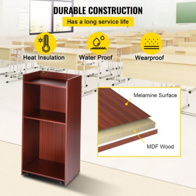 Podio de Madera de Pie 60x40x120 cm Podio Portátil de Pie Capacidad de 60 kg, Madera MDF Duradera de Nogal, Podio de Madera Rodante con 4 Ruedas Giratorias de 360° para Restaurantes, Iglesias