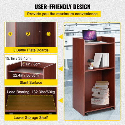 Podio de Madera de Pie 60x40x120 cm Podio Portátil de Pie Capacidad de 60 kg, Madera MDF Duradera de Nogal, Podio de Madera Rodante con 4 Ruedas Giratorias de 360° para Restaurantes, Iglesias