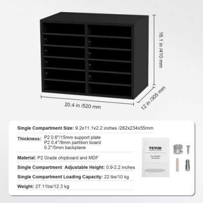 Organizador de Literatura de madera Aglomerado Estante de Almacenamiento de Documentos de 12 Compartimentos 52x30,5x41 cm Clasificador de Literatura con Estantes Ajustables para Oficina, Negro