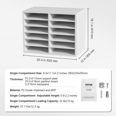 Organizador de Literatura de madera Aglomerado Estante de Almacenamiento de Documentos de 12 Compartimentos 52x30,5x41 cm Clasificador de Literatura con Estantes Ajustables para Oficina, Blanco