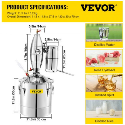 VEVOR Destilar Alcohol Destilador de 20 L 30 x 30 cm Equipo para Destilación de Agua 1-2 horas Acero Inoxidable Destilador de Bebida