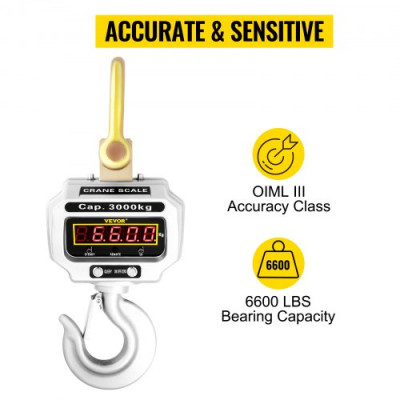 VEVOR Báscula de Grúa Digital 3000KG Escala con Gancho Resistente a la Clase de Precisión Oiml III Escala de Grúa Industrial Báscula Colgante Portátil