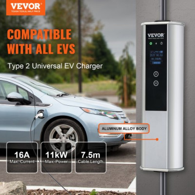 VEVOR Cargador Portátil para Vehículos Eléctricos Tipo 2 IEC6219 Cargador para Coche Eléctrico 16 A 3,68 kW Monofásico 11 kW Cable de Carga Trifásico 7,5 m CEE 16 Enchufe LCD IP66 con Bolsa Gancho