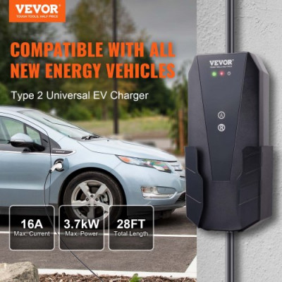 VEVOR Cargador EV Portátil Tipo 2 Cargador de Coche Eléctrico 16 A 3,7 kW con 8,6 m CEE 7/7 Plug Estación de Carga IEC62196 Impermeable IP66 con Bolsa de Almacenamiento Gancho Cable de Carga