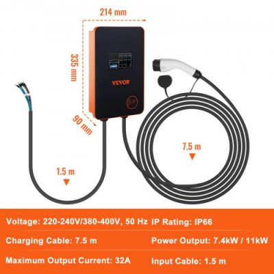 Estación de Carga para Vehículos Eléctricos 7,4kW/11kW Estación de Carga para Vehículos Eléctricos  Ajustable Tipo 2 Cable de TPU 7,5m IEC 62196 Monofásico/Trifásico para Interior Exterior