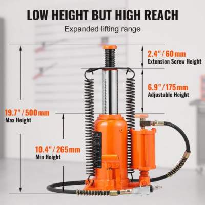 VEVOR Gato Hidráulico de Botella Capacidad de 20 T Rango de Elevación de 265-500 mm Gato Hidráulico y Neumático 0,5 MPa de Presión para Reparación de Autos Coches Maquinaria Pesada de Taller Garaje