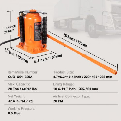 VEVOR Gato Hidráulico de Botella Capacidad de 20 T Rango de Elevación de 265-500 mm Gato Hidráulico y Neumático 0,5 MPa de Presión para Reparación de Autos Coches Maquinaria Pesada de Taller Garaje