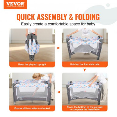 VEVOR Cama para Bebé Carga de 35 kg Cuna de Colecho Plegable Cama Sombrilla con Cambiador Ruedas Mosquitera Transpirable Juguetes Cama Supletoria con Apertura Lateral con Accesorios para Recién Nacido