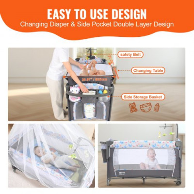 VEVOR Cama para Bebé Carga de 35 kg Cuna de Colecho Plegable Cama Sombrilla con Cambiador Ruedas Mosquitera Transpirable Juguetes Cama Supletoria con Apertura Lateral con Accesorios para Recién Nacido