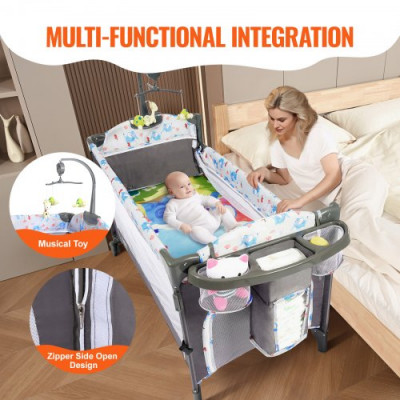 VEVOR Cama para Bebé Carga de 35 kg Cuna de Colecho Plegable Cama Sombrilla con Cambiador Ruedas Mosquitera Transpirable Juguetes Cama Supletoria con Apertura Lateral con Accesorios para Recién Nacido