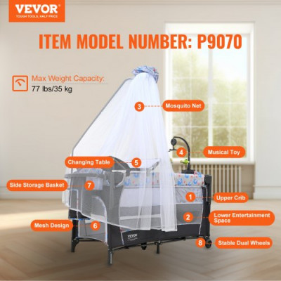 VEVOR Cama para Bebé Carga de 35 kg Cuna de Colecho Plegable Cama Sombrilla con Cambiador Ruedas Mosquitera Transpirable Juguetes Cama Supletoria con Apertura Lateral con Accesorios para Recién Nacido