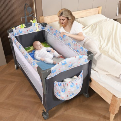 VEVOR Cama para Bebé Carga de 35 kg Cuna de Colecho Plegable Cama Sombrilla con Cambiador Ruedas Mosquitera Transpirable Juguetes Cama Supletoria con Apertura Lateral con Accesorios para Recién Nacido