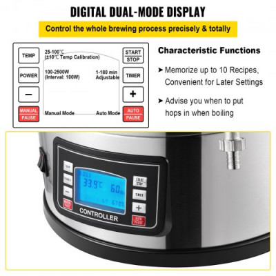 Destilacion para Alcohol 30 L Olla De Acero Inoxidable para Cerveza 100-2500 W Destilacion para Alcohol 42 x 35,5 x 82 cm Pantalla LCD con Múltiples Funciones, Bomba de Circulación para Cocina