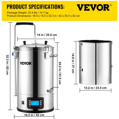 Destilacion para Alcohol 30 L Olla De Acero Inoxidable para Cerveza 100-2500 W Destilacion para Alcohol 42 x 35,5 x 82 cm Pantalla LCD con Múltiples Funciones, Bomba de Circulación para Cocina