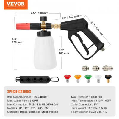 VEVOR Pistola Limpiadora de Alta Presión 4000 PSI Entrada M22-14/ M22-15/ 3/8