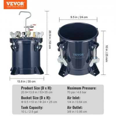 Tanque de Pintura con Depósito 10L Regulador de Presión de Pintura con Doble Válvula Entrada de Aire 6,4 mm Salida 9,5 mm Pulverizador de Pintura Presión 70 PSI para Decoración de Interiores