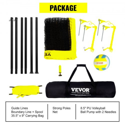 VEVOR Red de Voleibol Portátil de PE, Poste de Acero, Altura Ajustable, Kit de Red de Voleibol Profesional con Bolsa de Transporte y Línea Límite para Entrenamiento en Playa, Jardín, al Aire Libre