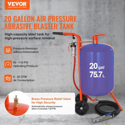 VEVOR Kit de Chorro de Arena de Alta Presión 60-110PSI Tanque de Chorro de Arena Abrasivo Portátil 75,7L con 4 Boquillas de Cerámica y Separador de Agua y Aceite para Eliminar Pintura, Manchas, Óxido