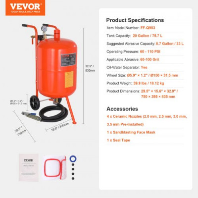 VEVOR Kit de Chorro de Arena de Alta Presión 60-110PSI Tanque de Chorro de Arena Abrasivo Portátil 75,7L con 4 Boquillas de Cerámica y Separador de Agua y Aceite para Eliminar Pintura, Manchas, Óxido