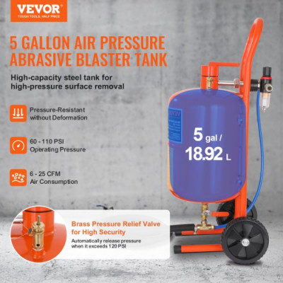 VEVOR Kit de Chorro de Arena de Alta Presión 60-110PSI Tanque de Chorro de Arena Abrasivo Portátil 18,92L con 4 Boquillas de Cerámica y Separador de Agua y Aceite para Eliminar Pintura, Manchas, Óxido