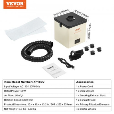 VEVOR Extractor de humo de humos de soldadura, 100 W, filtros de 3 etapas, flujo de aire de 240 m³/h