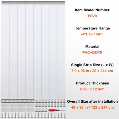 VEVOR Cortina Pvc Exterior Cortina de Tiras 122x244 cm Cortina de Puerta de Pvc Transparente 8 Tiras de Plástico Soporte Resistente -20°C​ ~ 60°C​