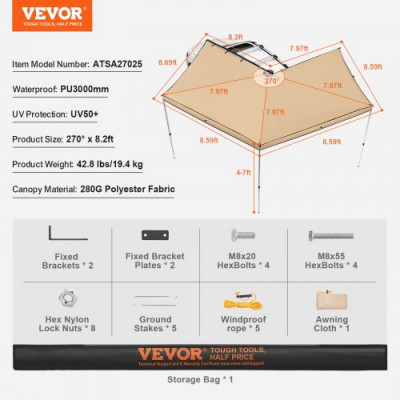 VEVOR Toldo Retráctil para Coche 270° 2,5 m Toldo Lateral para Coche PU3000 mm UV50+ Resistente al Sol/Agua/Viento con Bolsa de Almacenamiento Toldo Lateral/Trasero para Camiones SUV Furgonetas