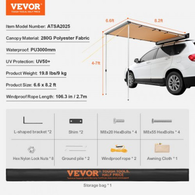 VEVOR Toldo Retráctil para Coche 2x2,5 m Toldo Lateral para Coche PU3000 mm UV50+ Resistente al Sol/Agua/Viento con Bolsa de Almacenamiento Toldo Lateral/Trasero para Camiones Furgonetas Autocaravanas