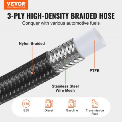 VEVOR Kit Manguera Combustible 6AN Manguera Combustible 12 mm Longitud 7,62 m Trenzada en PTFE y Acero Inoxidable Tubería Combustible Diesel con 15 Adaptadores Racores Giratorios para Motor Coches