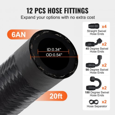 VEVOR Kit de Manguera de Combustible 6AN Manguera de Combustible 14 mm Longitud 6,1 m Línea de Combustible Diesel de Nylon Trenzado y Acero Inoxidable con 12 Adaptadores Accesorios Giratorios