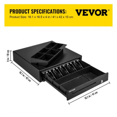 Cajón de Efectivo Tipo de Accionamiento 16" Cajón Portamonedas 12V Caja Registradora de Punto de Venta 41 x 42 x 10 cm Bandeja para Cajón de Dinero Cajón de Caja Registradora Cajón Efectivo