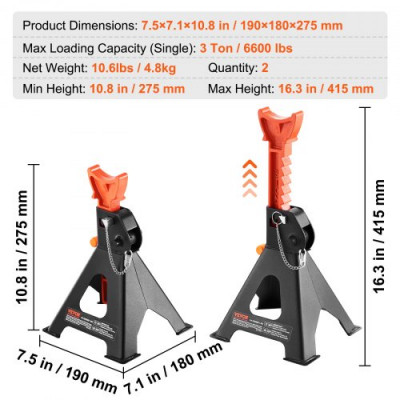 VEVOR Soportes de Gato Capacidad de 3 toneladas (6,000 lbs) Soportes de Gato para Automóvil con Doble Bloqueo Altura Ajustable de 1275-415 mm para Levantar SUV, Camioneta, Automóvil y UTV/ATV, 1 Par