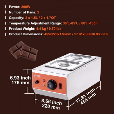 VEVOR Temperador de Chocolate Comercial 800W Baño María Eléctrico 2 x 1,5 L Fundidor de Chocolate Temperatura Ajustable 30-85°C Acero Inoxidable Grado Alimenticio para Calentar Mantequilla Crema Leche