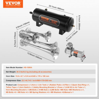 Kit de bocina de tren VEVOR, kit de bocina de aire de 4 trompetas, compresor de aire de 160 PSI, tanque de 2,6 galones