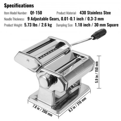 VEVOR Máquina de Pasta Manual de Acero Inoxidable Máquina de Pasta Fresca Italiana 9 Grosores 0,3-3 mm Anchura 1,5/6,6 mm 3/45 mm Manivela Incluida para Envasado de Espaguetis, Albóndigas, Raviolis