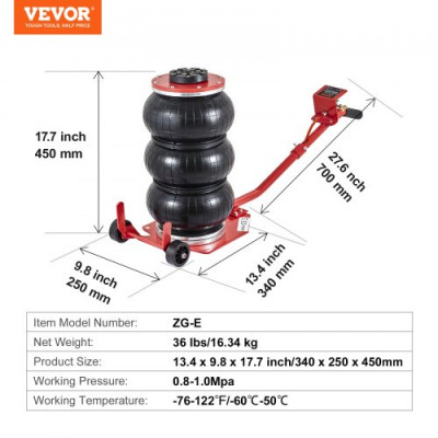 VEVOR Gato De Aire Gato Neumático Carga de 3T Elevación de 140-450 mm Gato Neumático 0,8-1,0MPa 3 Cojines de Aire Mango Largo Fácil Elevación Rápida