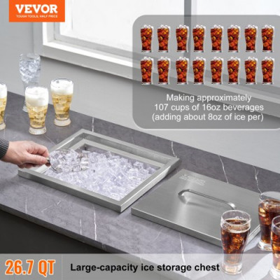 VEVOR Bandeja de Hielo Empotrada 25,3 L 355x305x461 mm Caja de Hielo Aislada con Tapa de Acero Inoxidable Conservador de Cubitos de Hielo para Bebidas Cervezas Frías Cocina al Aire Libre Bar Hogar