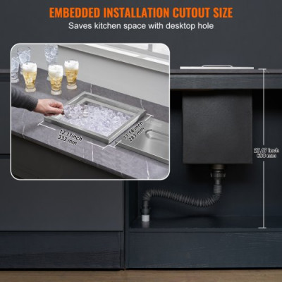 VEVOR Bandeja de Hielo Empotrada 25,3 L 355x305x461 mm Caja de Hielo Aislada con Tapa de Acero Inoxidable Conservador de Cubitos de Hielo para Bebidas Cervezas Frías Cocina al Aire Libre Bar Hogar