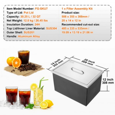 VEVOR Bandeja de Hielo Empotrada 55,23 L 508x355x308 mm Caja de Hielo Aislada con Tapa de Acero Inoxidable Conservador de Cubitos de Hielo para Bebidas Cervezas Frías Cocina al Aire Libre Bar Hogar