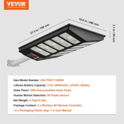 VEVOR 1000W LED farola solar 1600LM lámpara solar con sensor de movimiento pared exterior