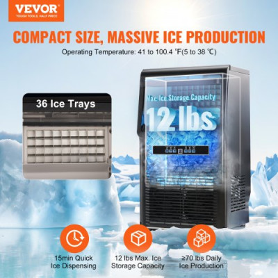 VEVOR Máquina para Hacer Cubitos de Hielo Comercial 34kg/24h, 36 Bandejas para Cubitos de Hielo Capacidad de Almacenamiento de 5,6 kg Autolimpieza Sin Instalación Independiente para Hogar, Restaurante