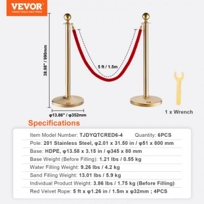 VEVOR Poste Guía 6 Piezas 99cm Barrera de Marcado de Control de Multitudes con 4 Cuerdas de Terciopelo 1,5m para Cola de Separación de Demarcación en Escuela Pública Teatro Hotel Exposición, Color Oro