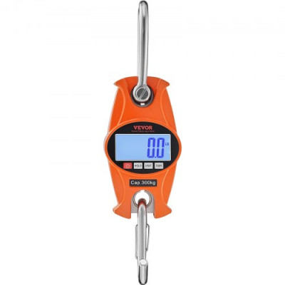 VEVOR Báscula Colgante Industrial 300 kg Báscula de Grúa Digital Carcasa de Aluminio Fundido Pantalla LCD Mini Báscula de Gancho Alta Precisión para Granja, Caza, Pesca, Garaje al Aire Libre, Naranja