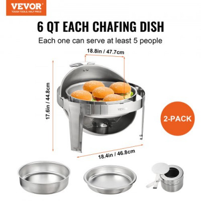 VEVOR Juego de 2 Calientaplatos Redondos de 5,5 L Cada Uno Calentador de Acero Inoxidable para Buffet Recipiente para Mantener Comida Caliente Tapa Enrollable para Autoservicio Buffet Hostelería