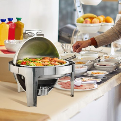 VEVOR Juego de 2 Calientaplatos Redondos de 5,5 L Cada Uno Calentador de Acero Inoxidable para Buffet Recipiente para Mantener Comida Caliente Tapa Enrollable para Autoservicio Buffet Hostelería