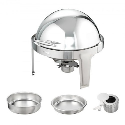 VEVOR Juego de 2 Calientaplatos Redondos de 5,5 L Cada Uno Calentador de Acero Inoxidable para Buffet Recipiente para Mantener Comida Caliente Tapa Enrollable para Autoservicio Buffet Hostelería